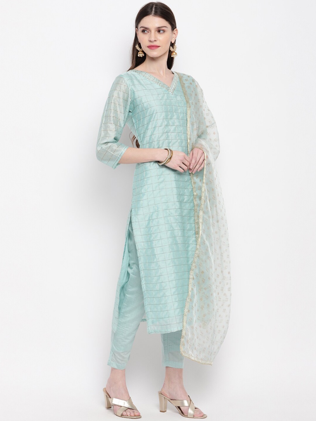 Janasya Women Blue Printed Kurta with Trousers & Dupatta