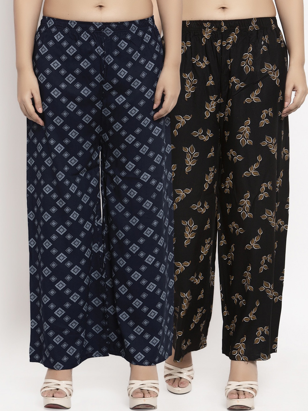 KLOTTHE Women Pack Of 2 Printed Straight Palazzos, Navy blue