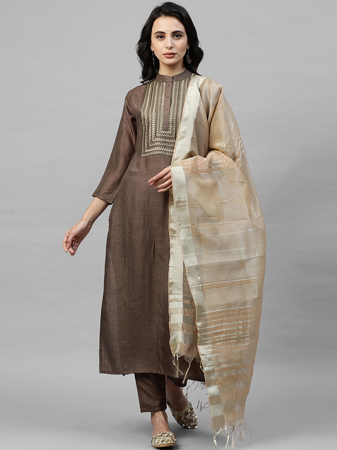 Indo Era Women Olive Green Embroidered Kurta with Trousers & Dupatta