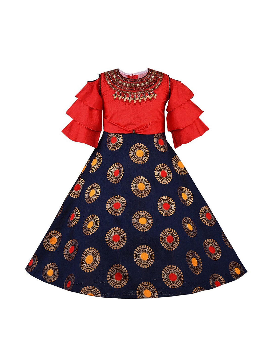 Wish Karo Girls Orange & Navy Blue Printed Fit and Flare Dress