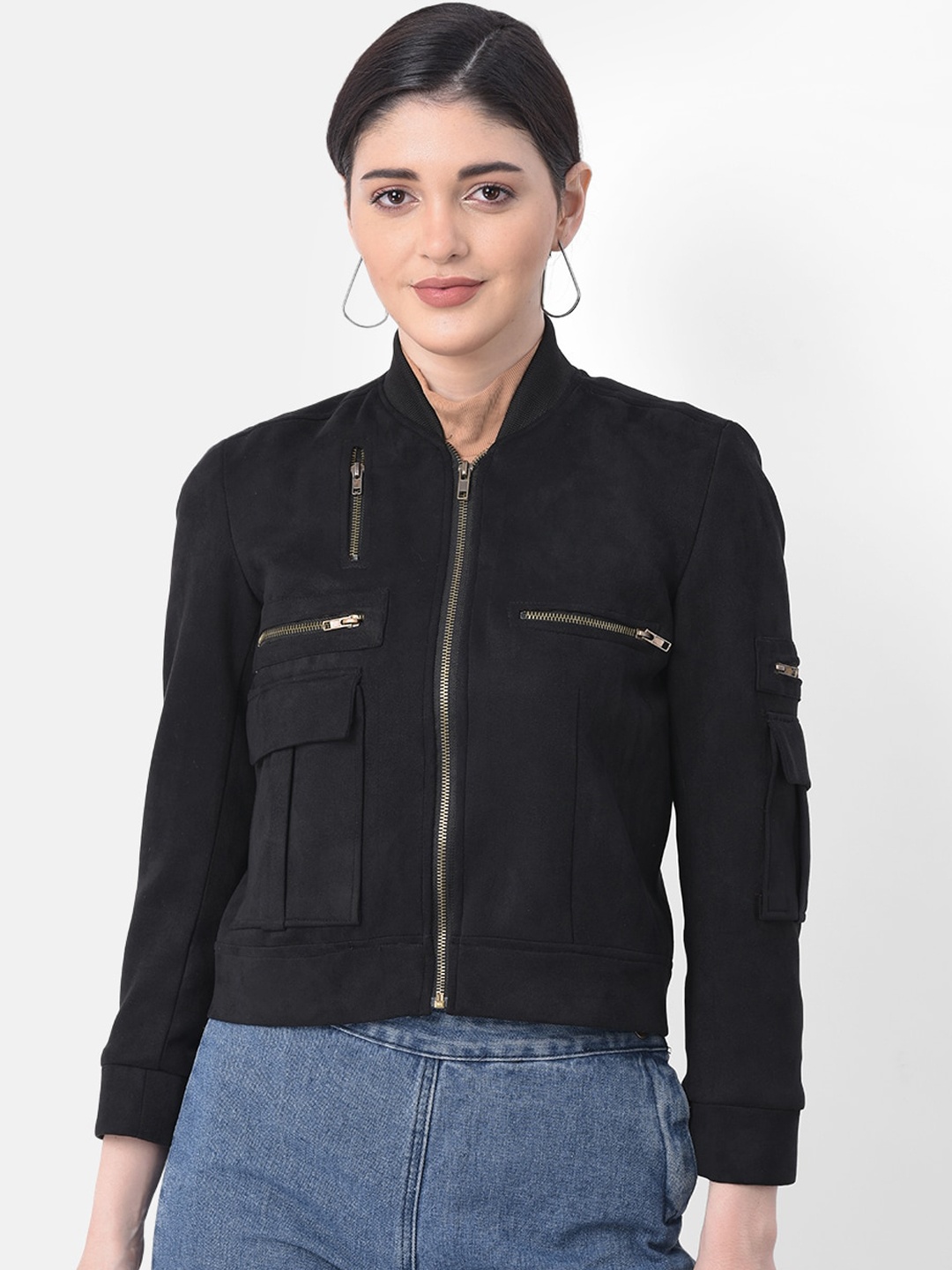AUDSTRO Women Black Solid Lightweight Crop Tailored Jacket