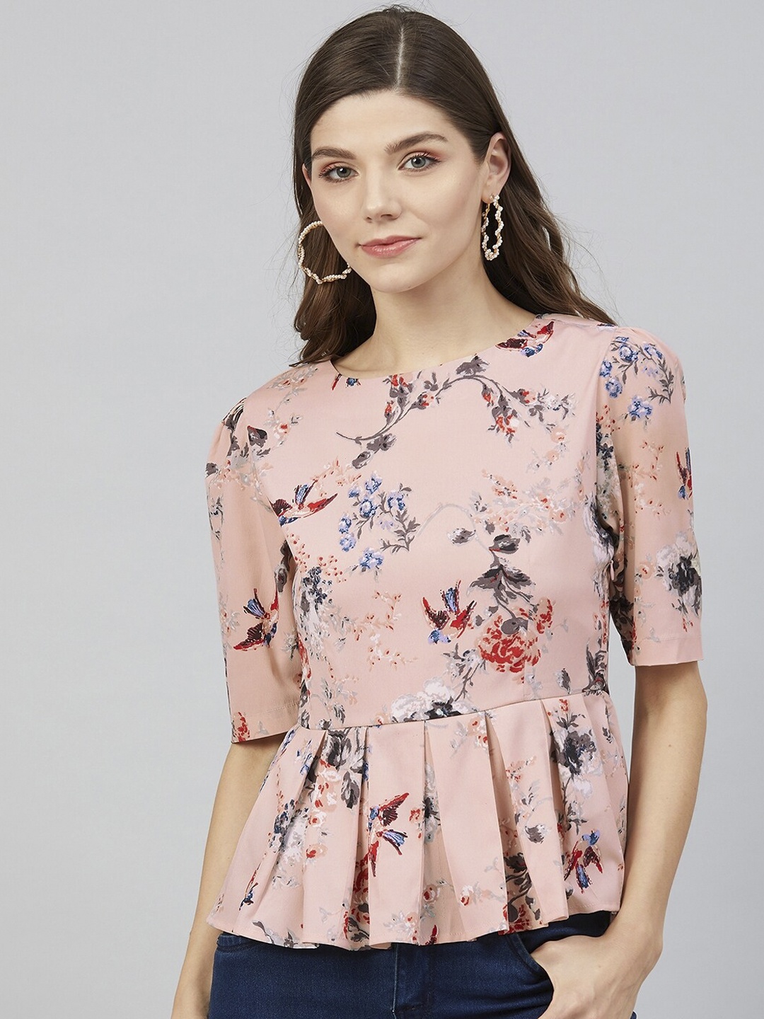 RARE Women Peach-Coloured Printed Peplum Top