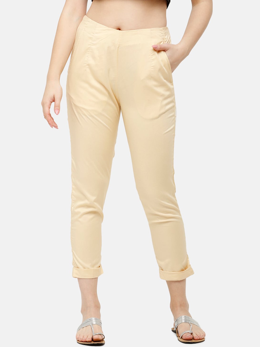 De Moza Women Beige Slim Fit Solid Cigarette Trousers