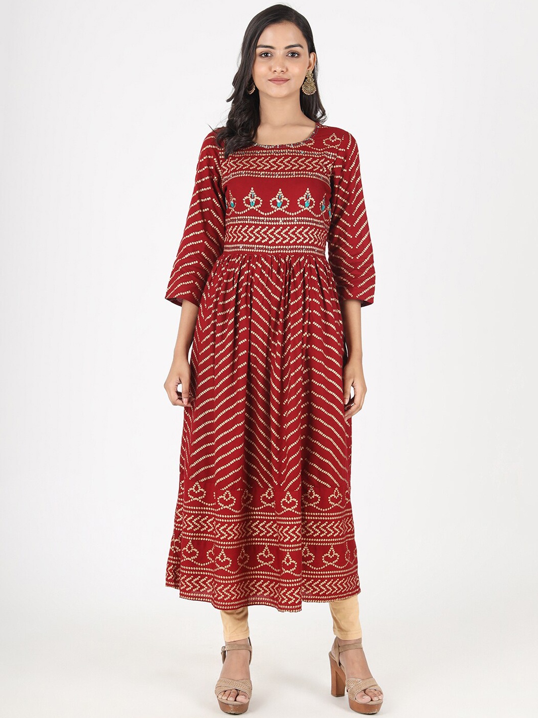 Vbuyz Women Maroon Bandhani Printed Anarkali Kurta