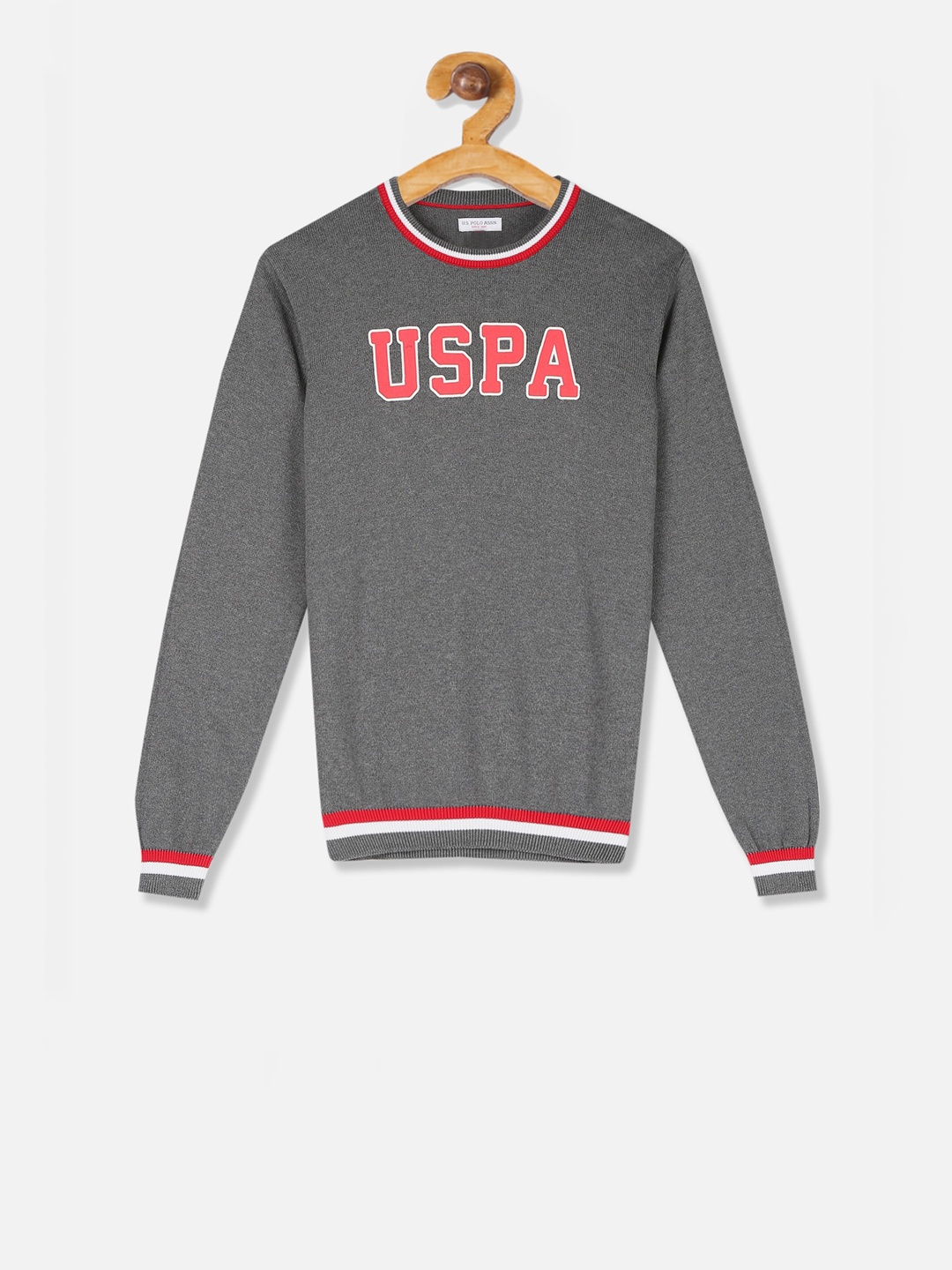 U.S. Polo Assn. Kids Boys Grey & Red Printed Pullover Sweater