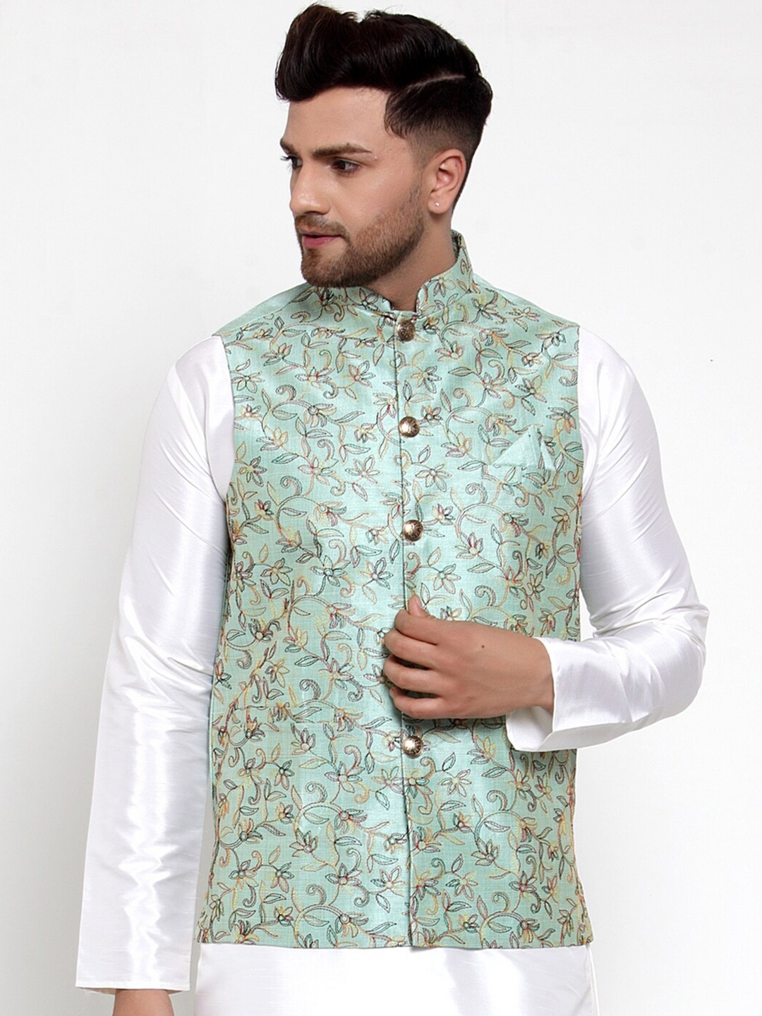 Jompers Men Sea-Green & Red Embroidered Woven Nehru Jacket