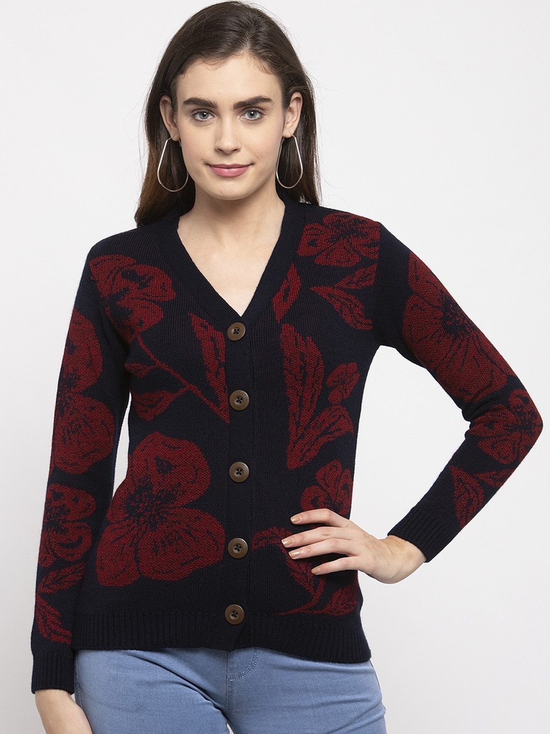 Kalt Women Navy Blue & Red Printed Sweater