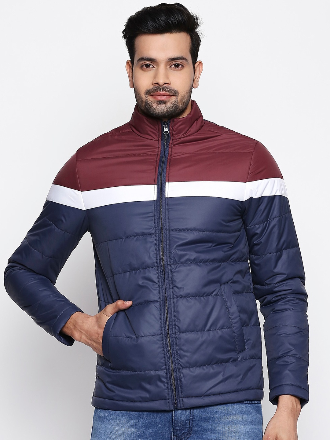 People Men Blue Striped Padded Jacket