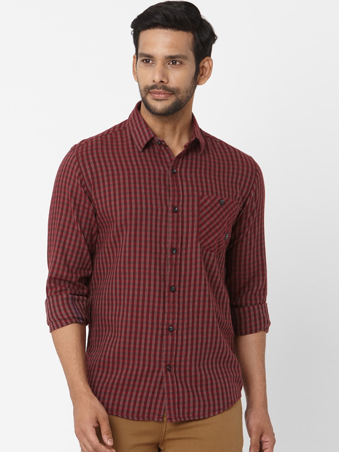 Mufti Men Maroon & Grey Slim Fit Checked Casual Shirt