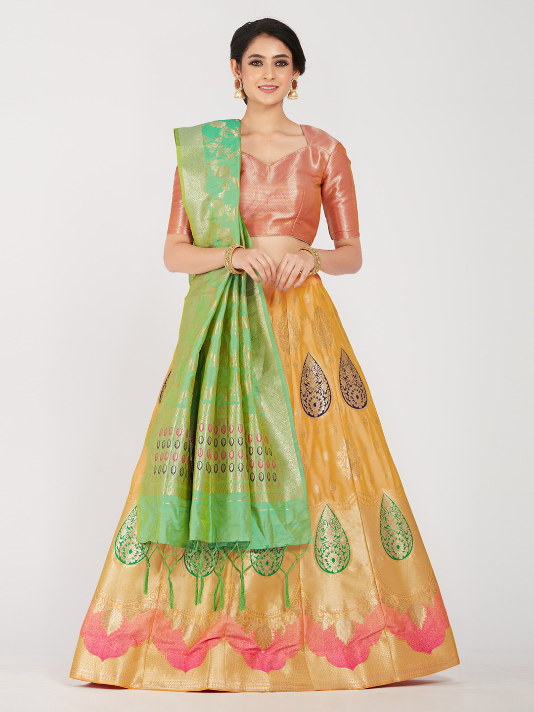 MIMOSA Women Yellow & Orange Woven Design Semi-Stitched Lehenga With Unstitched Blouse & Dupatta
MIMOSA Women Yellow & Orange Woven Design Semi-Stitched Lehenga With Unstitched Blouse & Dupatta