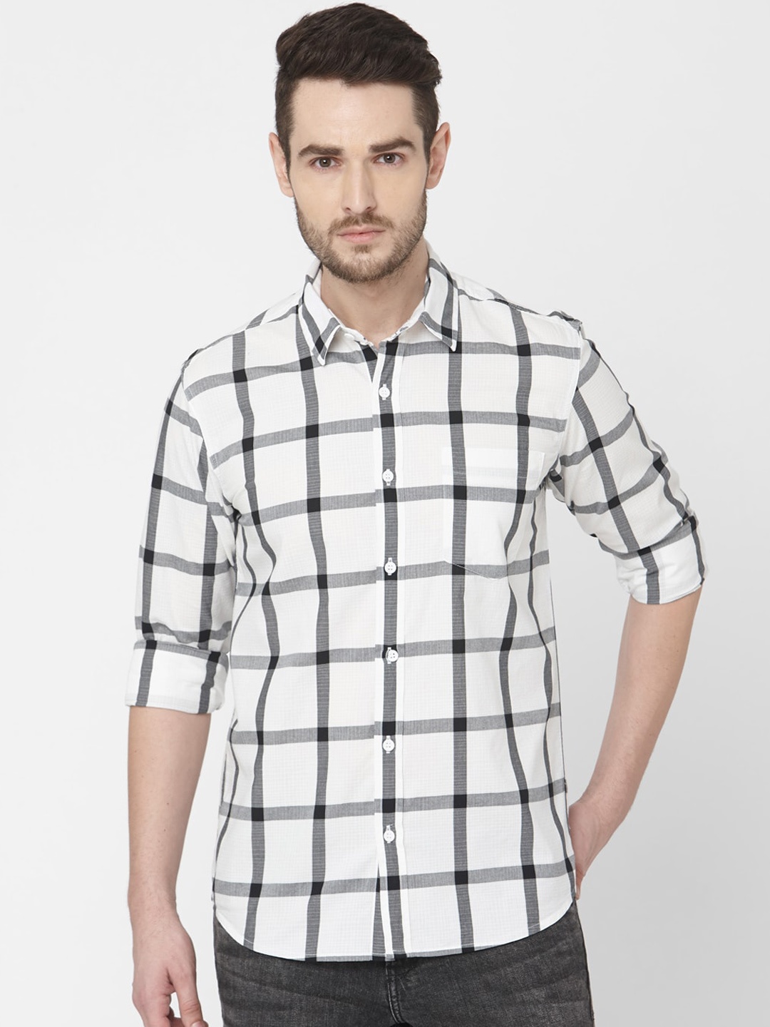 Mufti Men White & Black Slim Fit Checked Casual Shirt