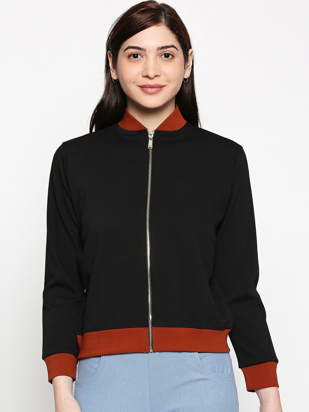 inocenCia Women Black Solid Lightweight Bomber Jacket
