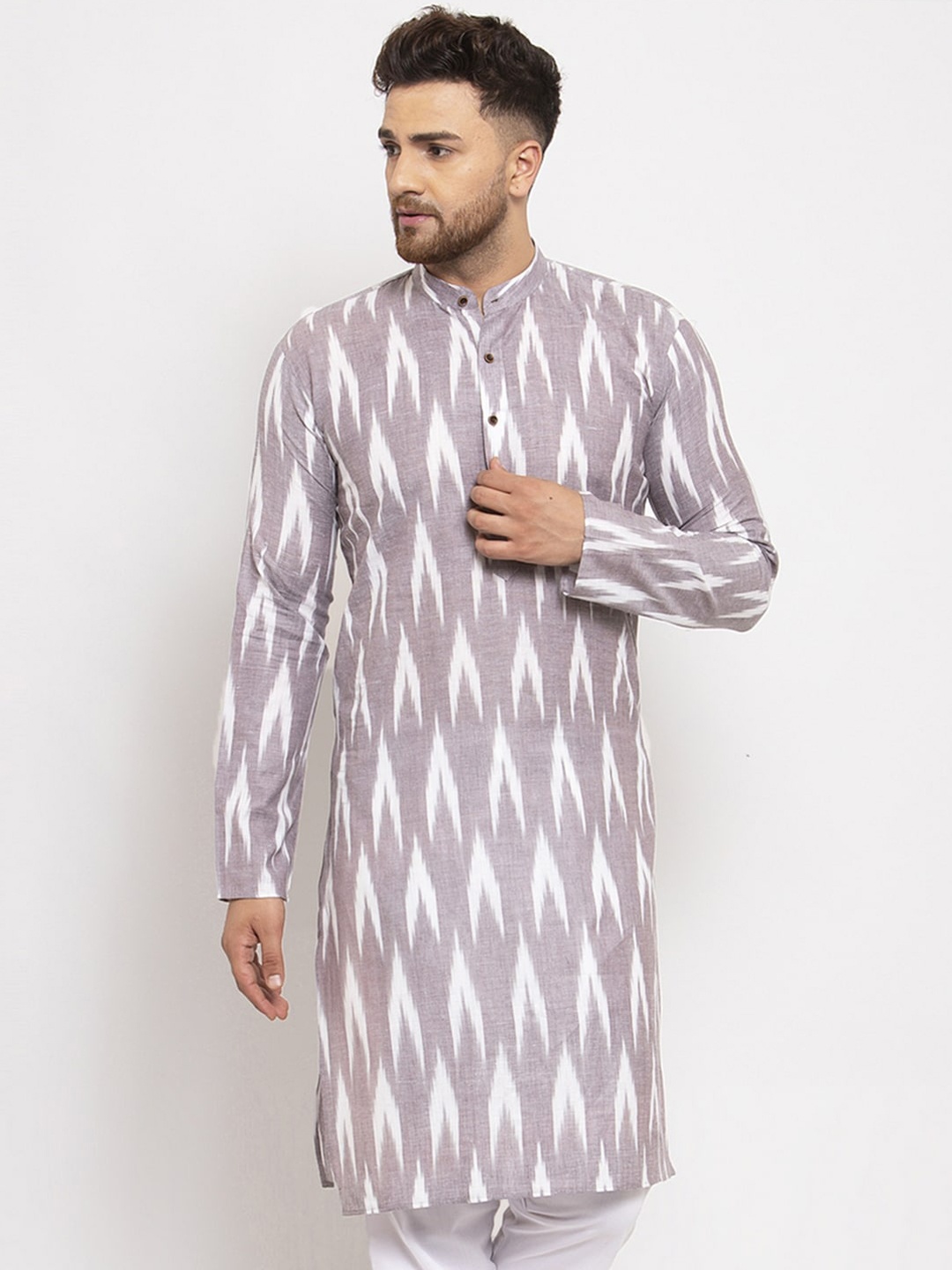 Jompers Men Grey Woven Design Straight Kurta
