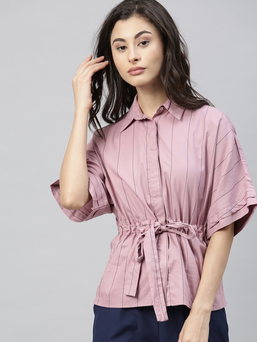 RAREISM Women Pink Striped Cinched Waist Pure Cotton Top