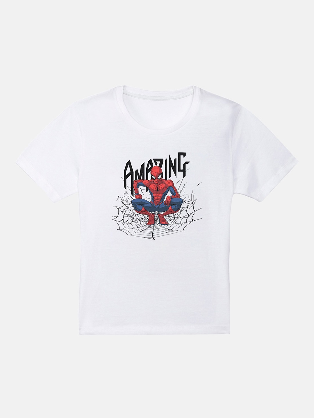 Kids Ville Boys White Spiderman Printed Round Neck T-shirt