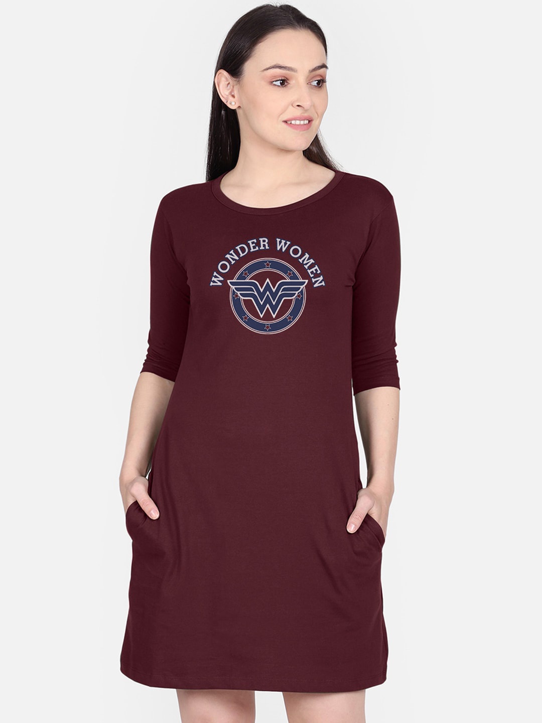 Free Authority Wonder Woman Printed A-Line Maroon Dress for Women