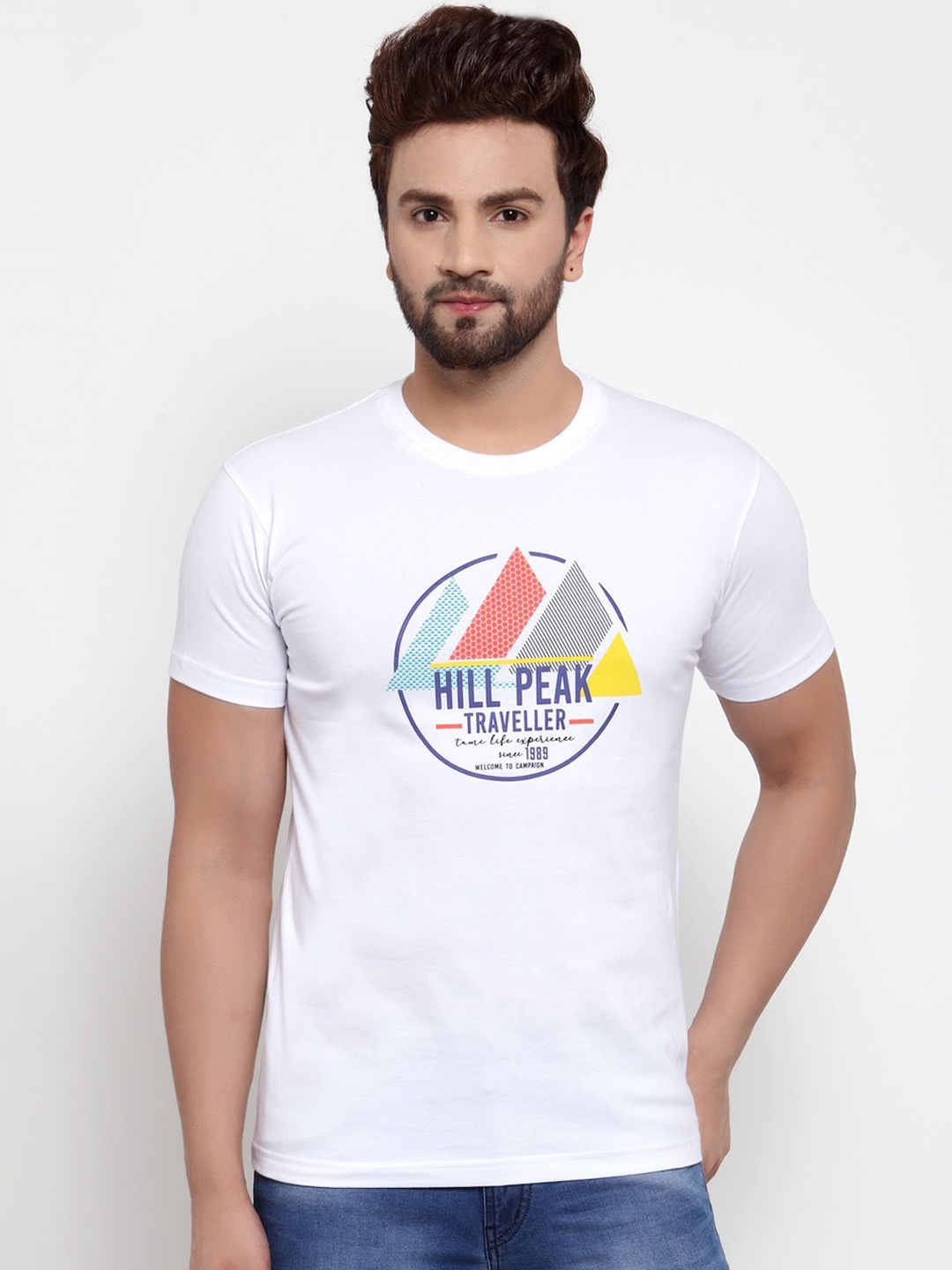 Cantabil Men White Printed Round Neck T-shirt