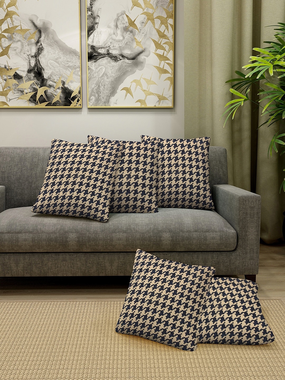 KLOTTHE Set Of 5 Beige & Navy Blue Self-Design Square Cushion Covers