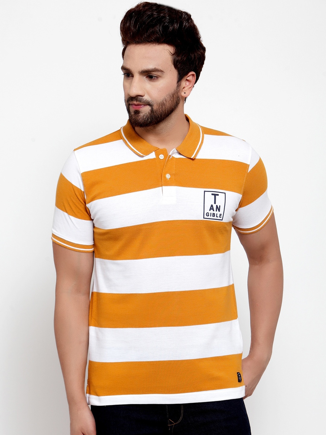 Cantabil Men Yellow Striped Polo Collar T-shirt