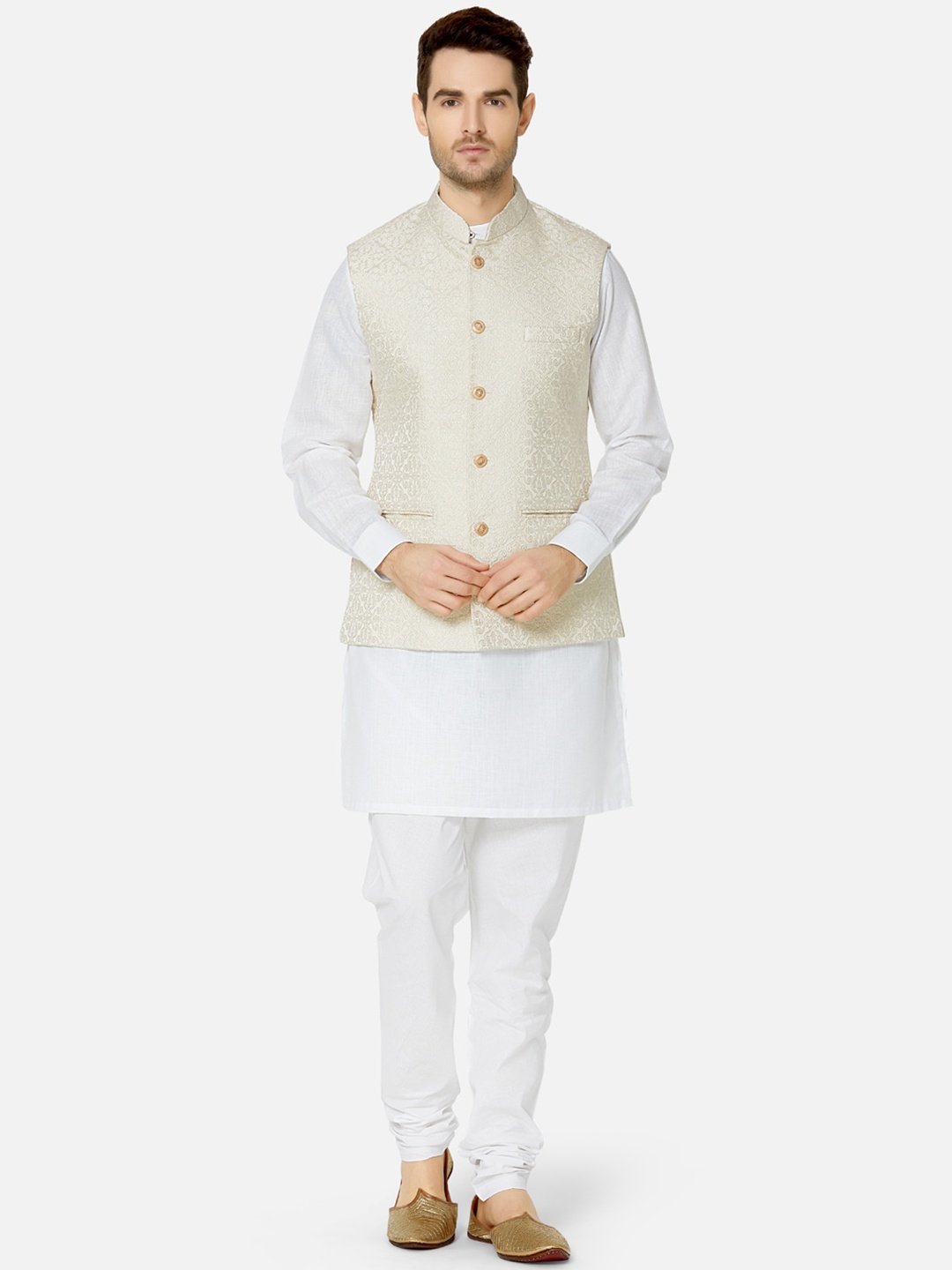 Ethnicity Men Cream Coloured Woven Design Nehru Jacket