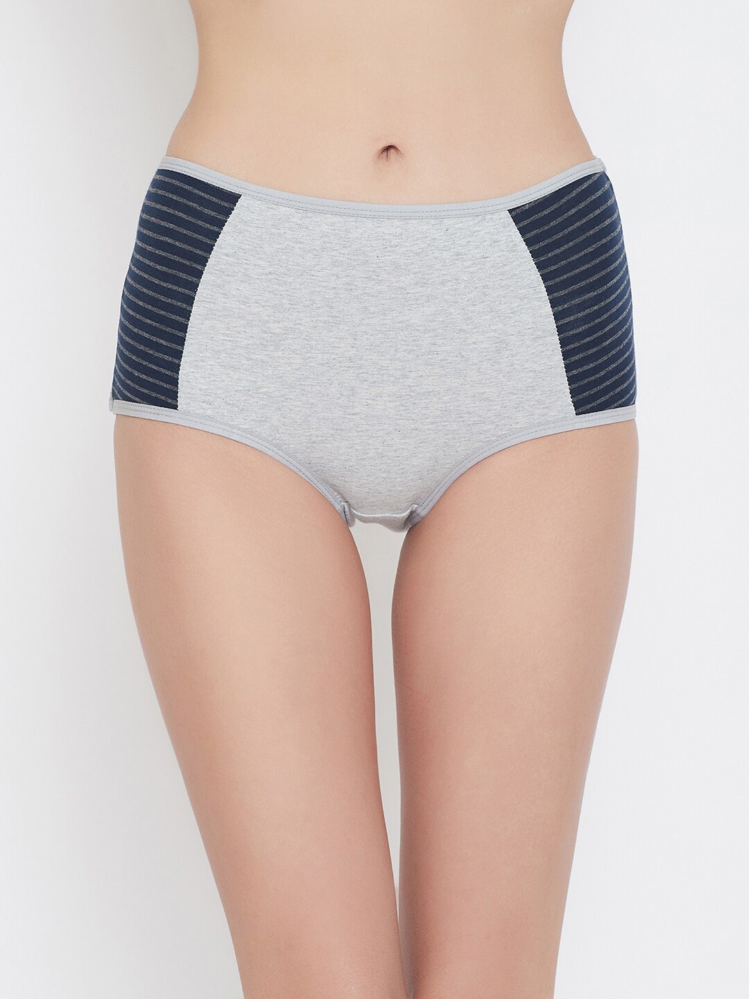 Clovia Women Grey & Navy Blue Striped High-Rise Hipster Briefs-PN3251I01