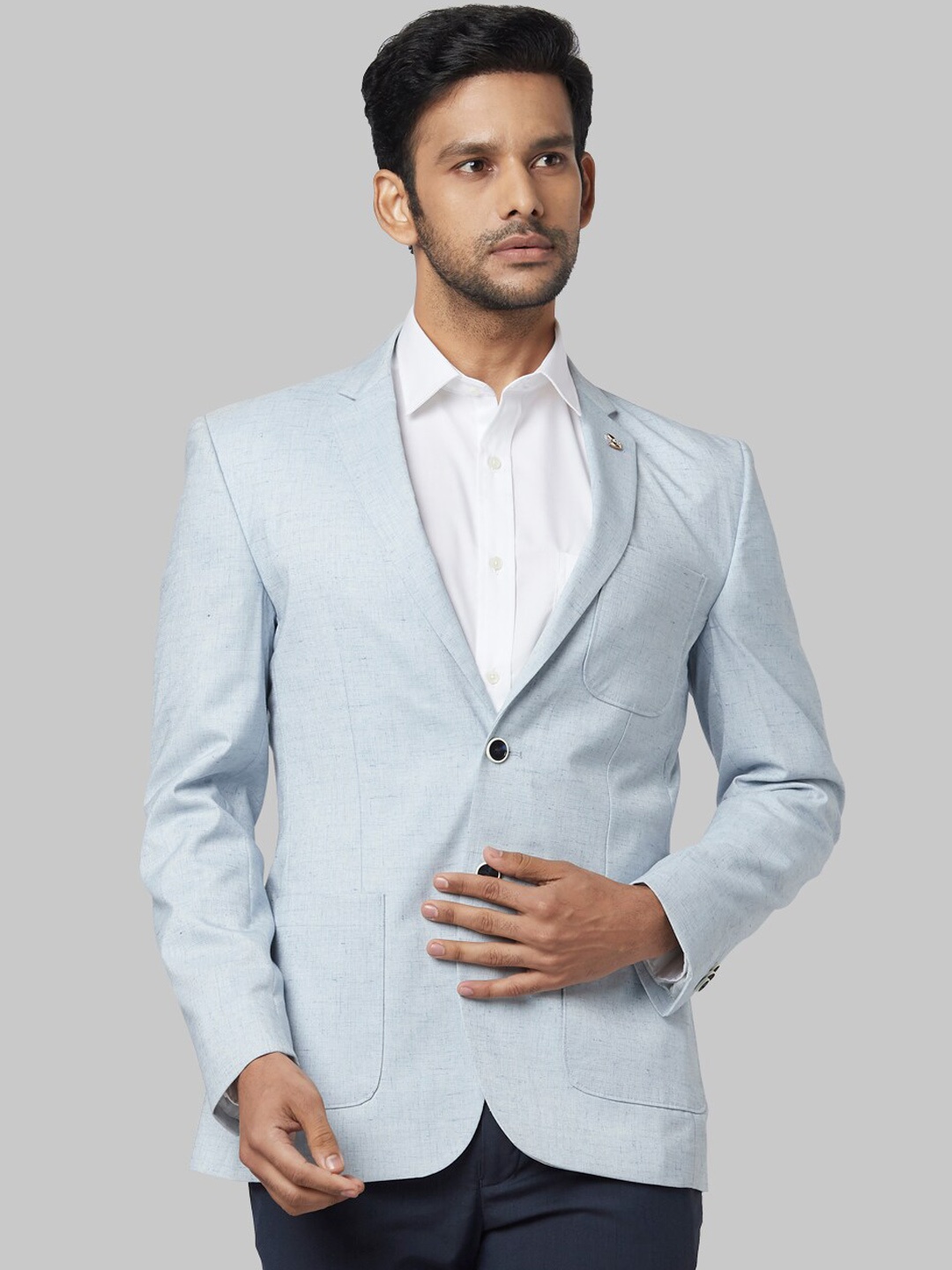 Park Avenue Men Blue Solid Super Slim-Fit Single-Breasted Blazer