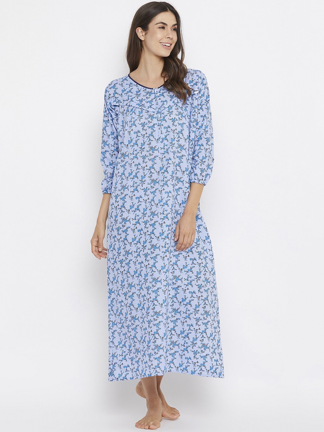 Clovia Women Blue & Black Printed Maxi Nightdress