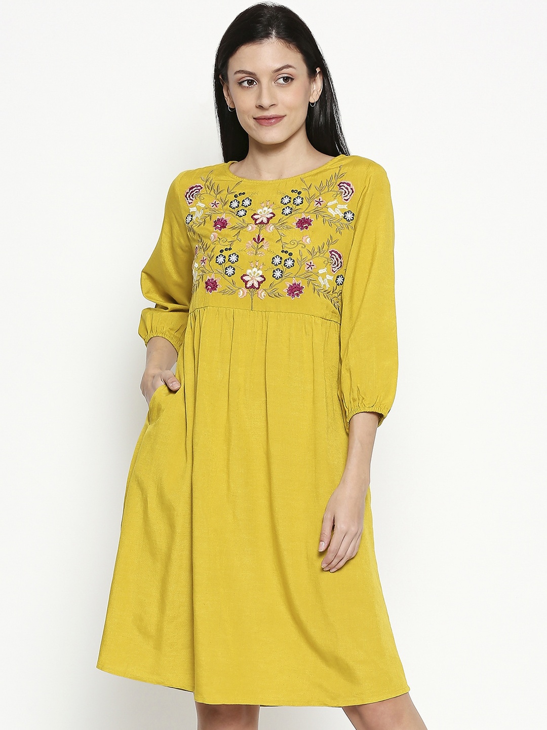 People Women Yellow Embroidered A-Line Dress