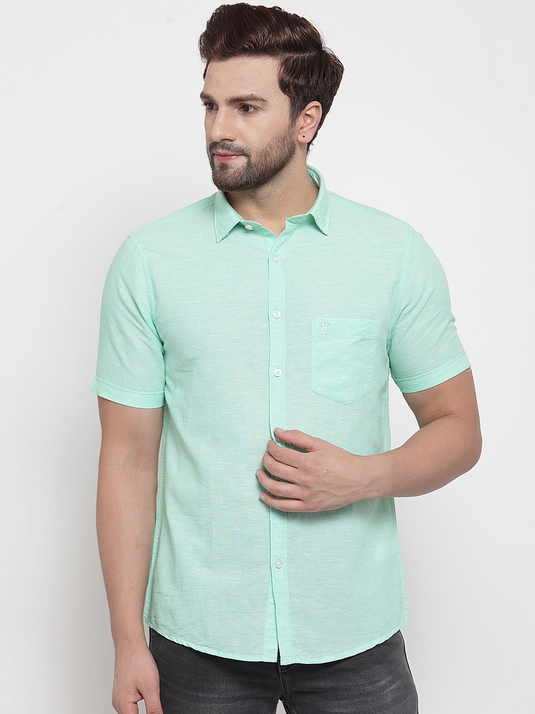 Cantabil Men Sea Green Regular Fit Solid Casual Shirt