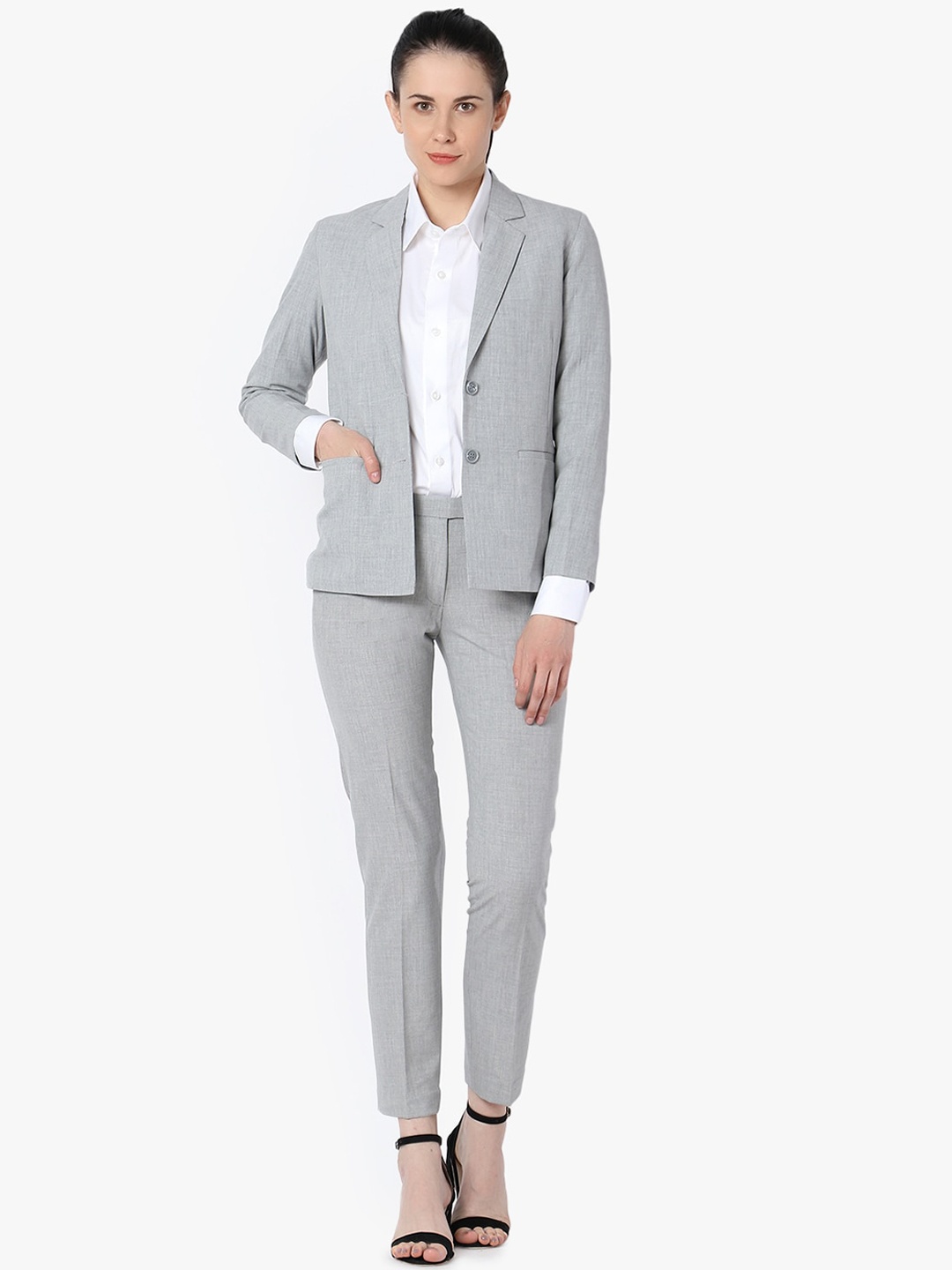 LE BOURGEOIS Women Grey Solid Single-Breasted Formal Suit