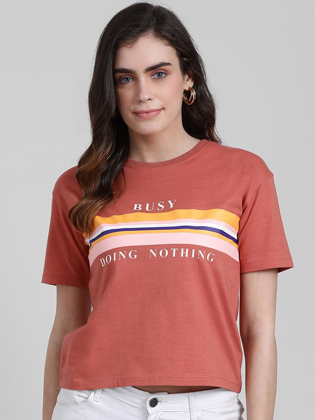 Zink London Women Orange Printed Round Neck Pure Cotton T-shirt
