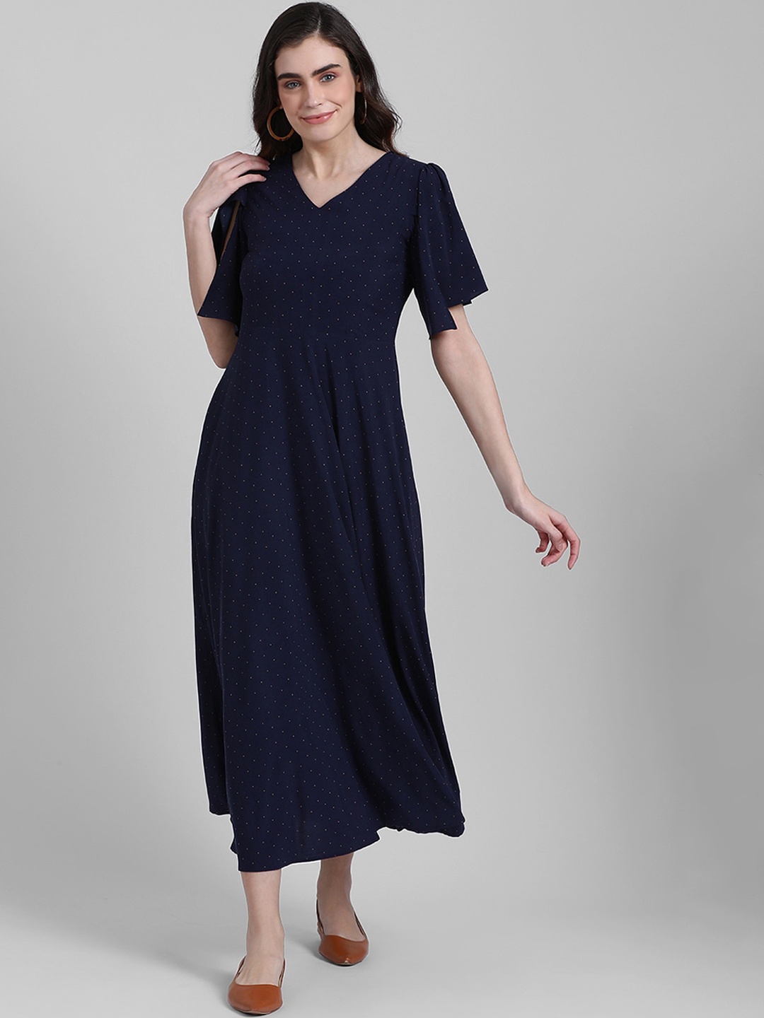 Zink London Women Navy Blue Printed Fit and Flare Dress