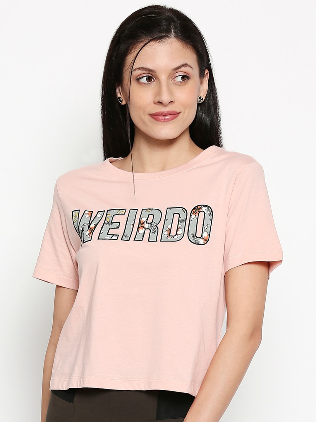 People Women Pink Printed Round Neck T-shirt