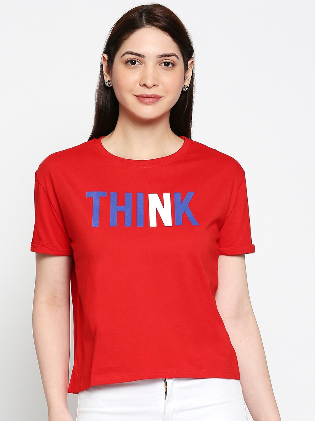 People Women Red Printed Round Neck T-shirt