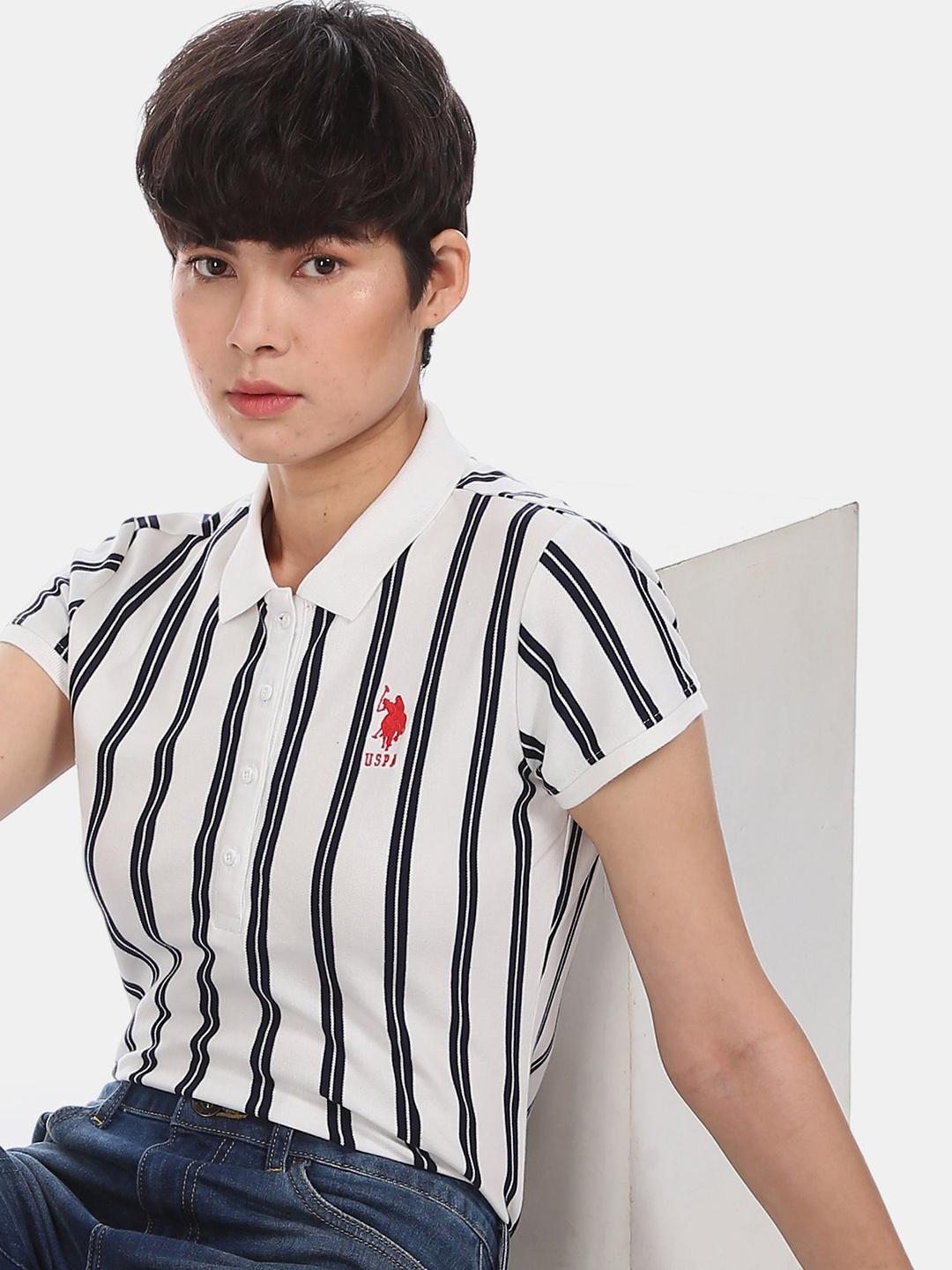U.S. Polo Assn. Women White & Blue Striped Polo Collar T-shirt