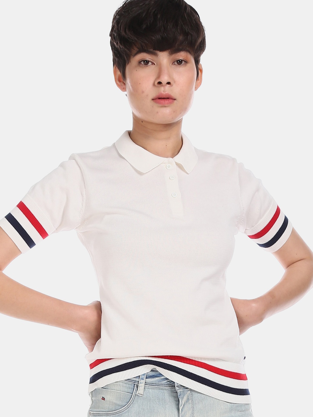U.S. Polo Assn. Women White Solid Cotton Polo Collar Pure Cotton T-shirt