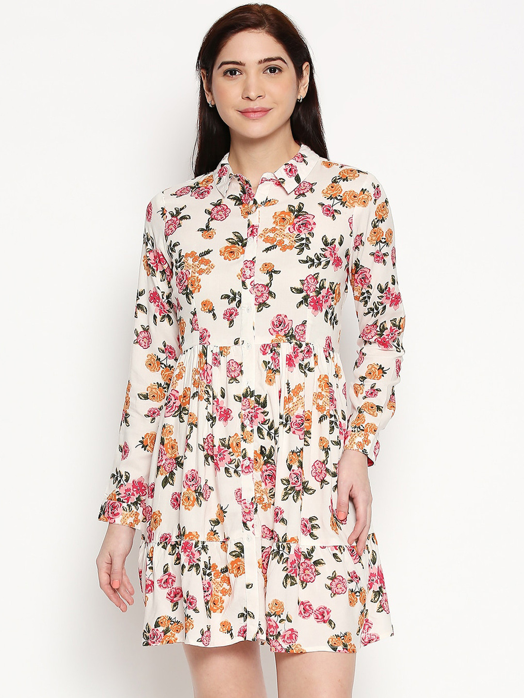 People Women White Floral Printed Shirt Dress 
People Women White Floral Printed Shirt Dress