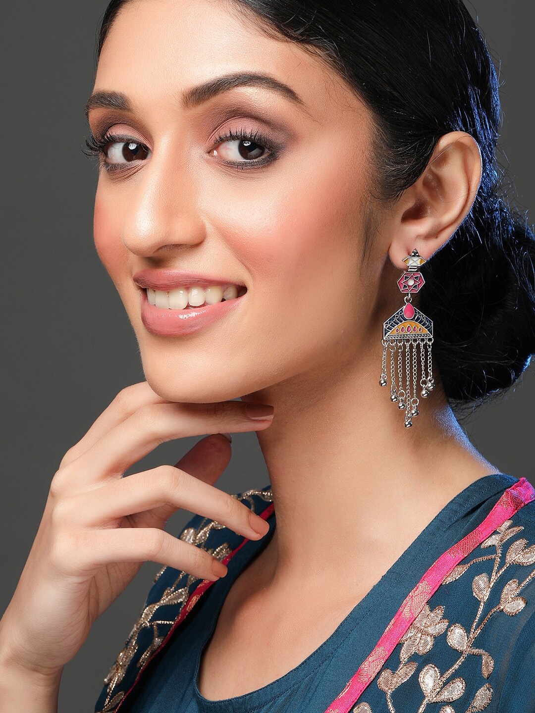 Rubans Silver-Toned & Red Geometric Drop Earrings