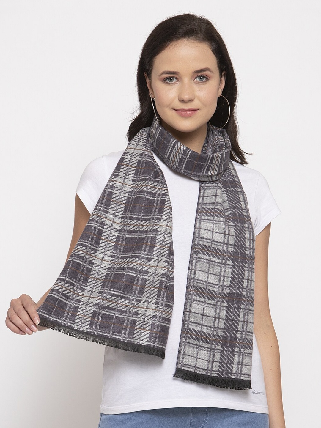 Calvadoss Women Grey & White Checked Stole