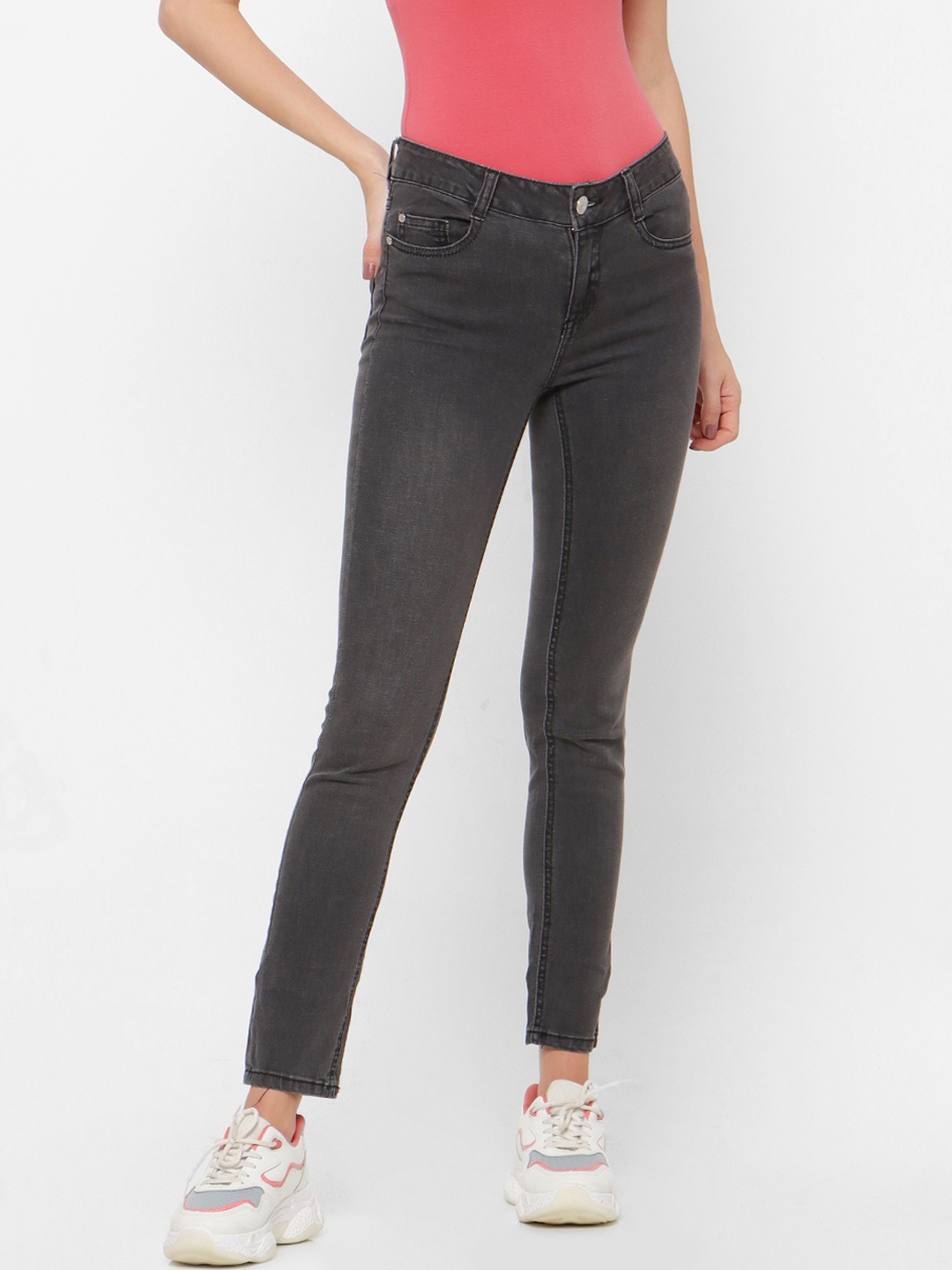 FOREVER 21 Women Charcoal Grey Skinny Fit Mid-Rise Clean Look Stretchable Jeans