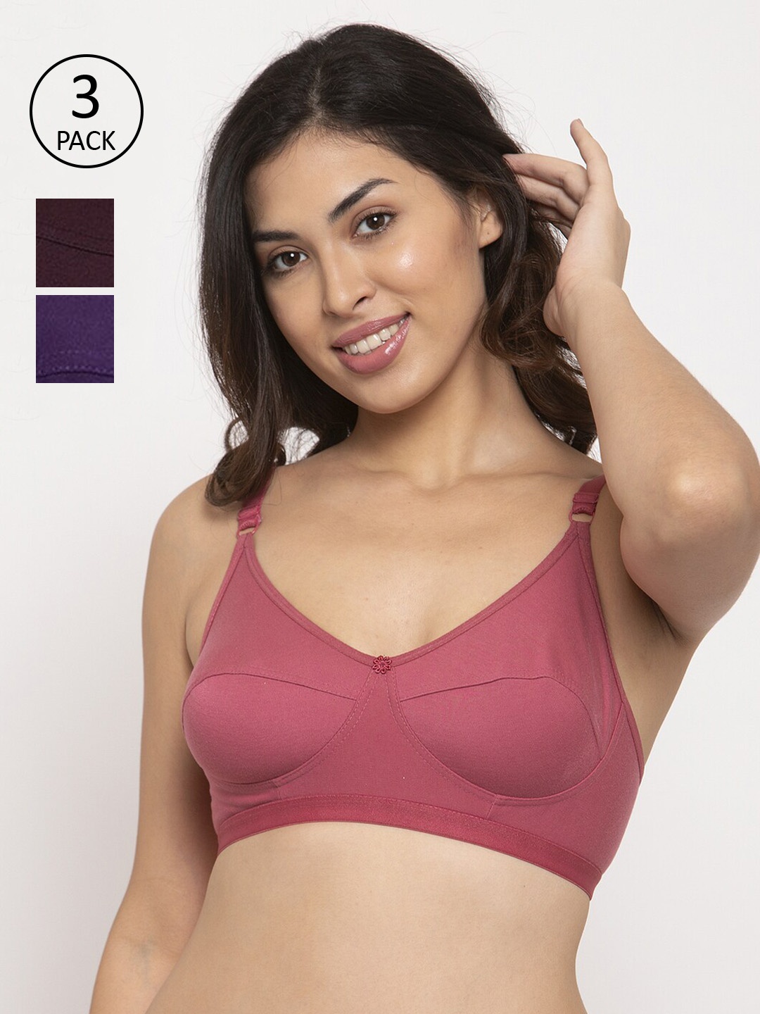 Innocence Women Pack Of 3 Solid Non-Padded Non-Wired Everyday Bras BBAPLIN90597_28B, Pink