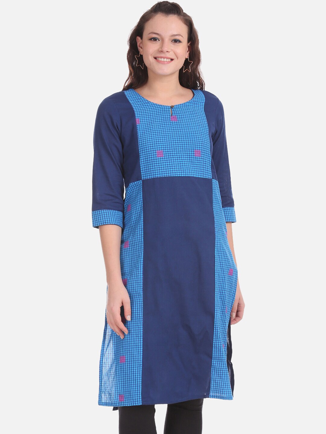 Karigari Women Navy Blue Checked Straight Kurta