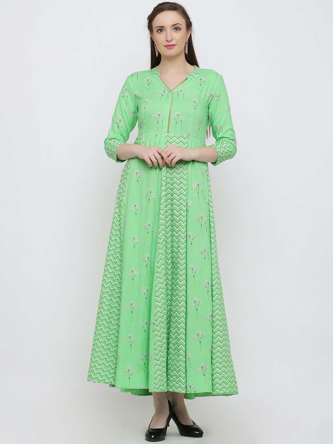 Indian Virasat Women Green & Off-White Printed Ethnic Maxi Dress
