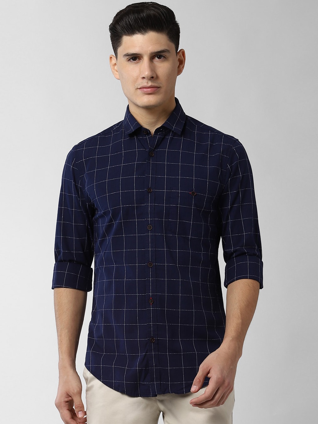 Peter England Casuals Men Navy Blue & White Slim Fit Checked Casual Shirt