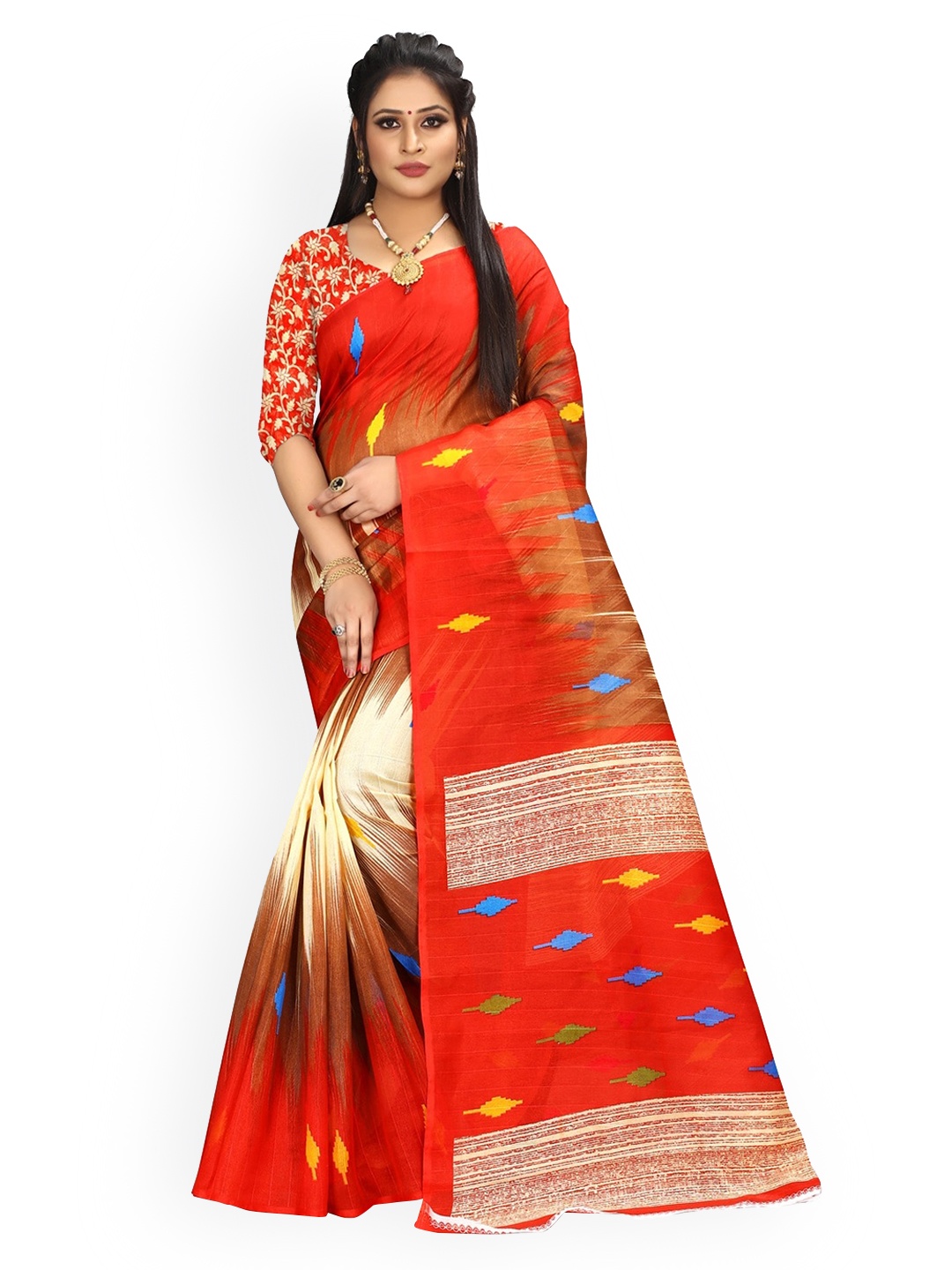 KALINI Camel Brown & Red Art Silk Colourblocked Mysore Silk Saree