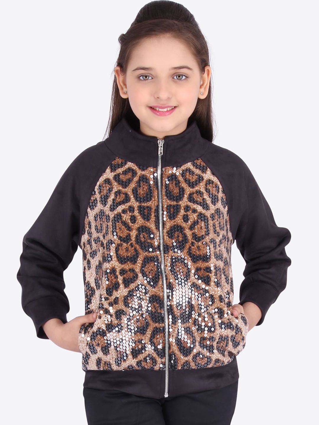 CUTECUMBER Girls Black & Brown Animal Printed Sweatshirt
