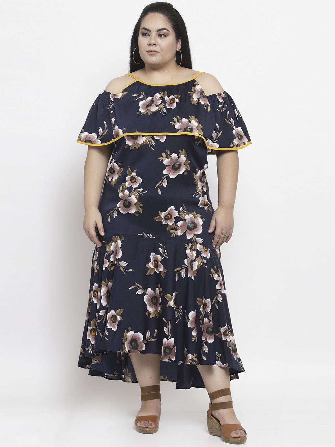Flambeur Plus Size Women Navy Blue & Peach Floral Printed A-Line Dress