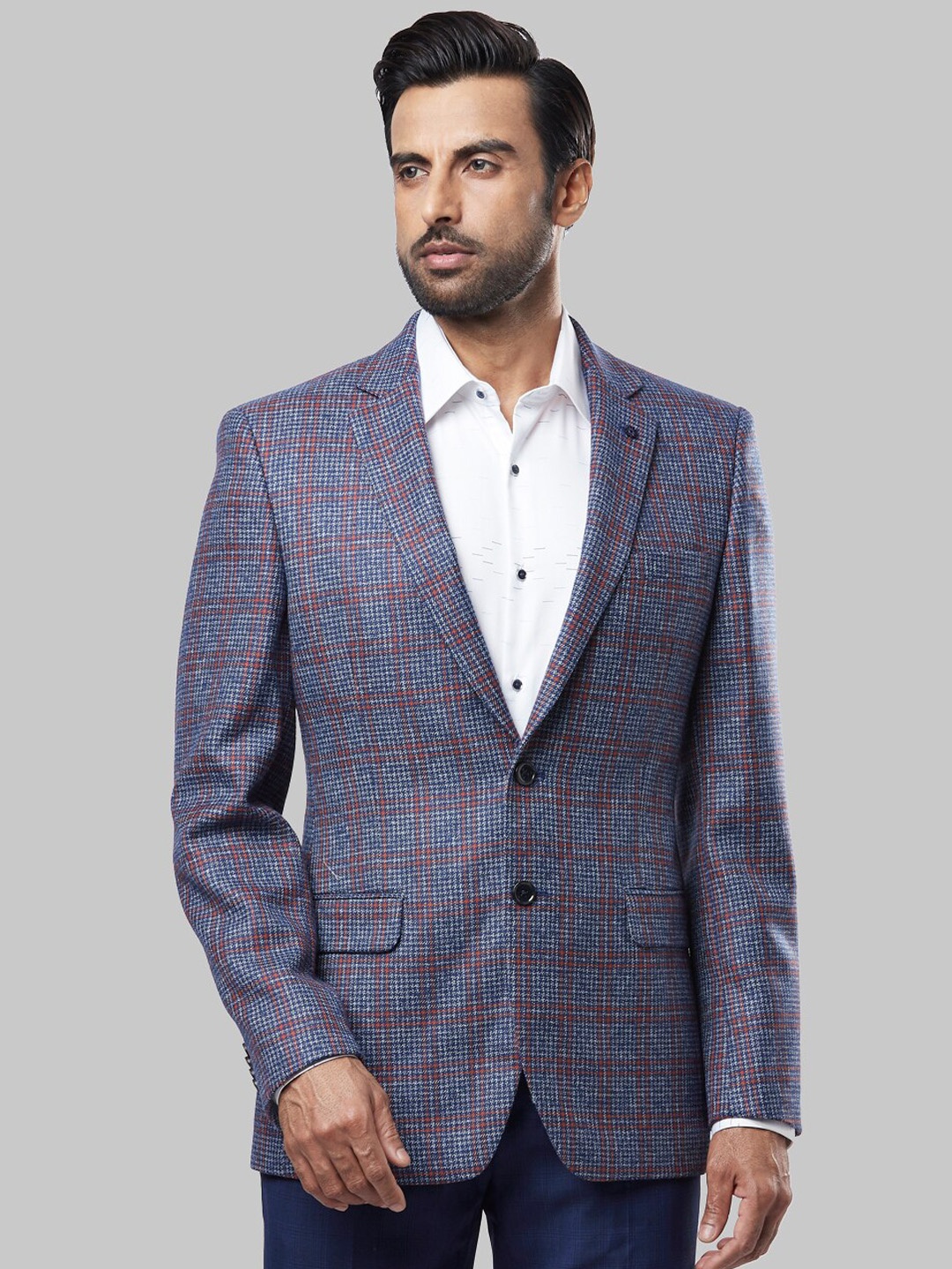 Raymond Men Blue & Brown Checked Single-Breasted Formal Blazer