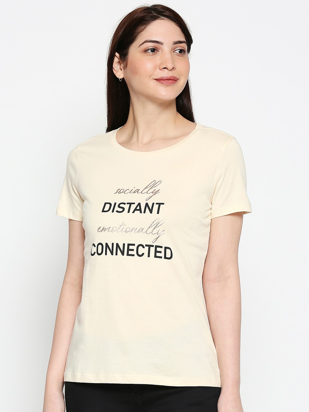 Honey by Pantaloons Women Beige Printed Cotton Round Neck Pure Cotton T-shirt
