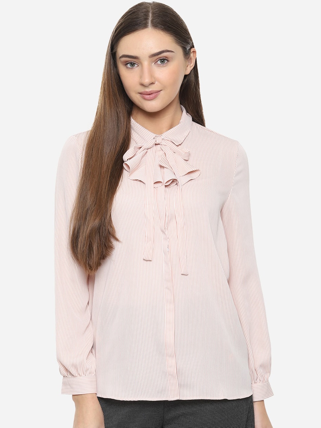 Van Heusen Woman Cream-Coloured & Pink Regular Fit Striped Casual Shirt